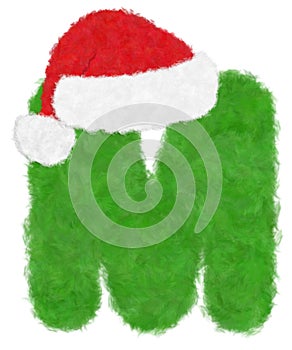 3D Ã¢â¬ÅGreen wool fur feather letterÃ¢â¬Â creative decorative with Red Christmas hat, Character M isolated in white background